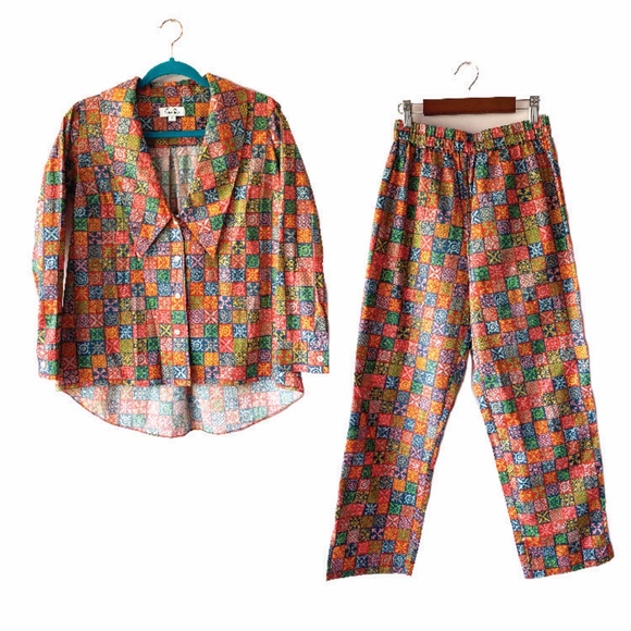 COCO SHOP Collared Shirt and Cotton Pants Set Navy Checkboard Print Size Small - Picture 1 of 16